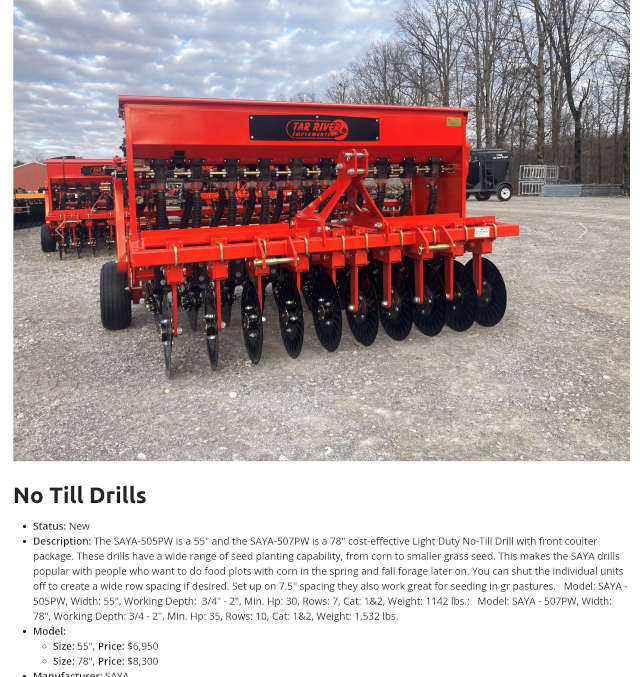web page showing no-till drill for sale