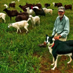farmer with goats and dogs